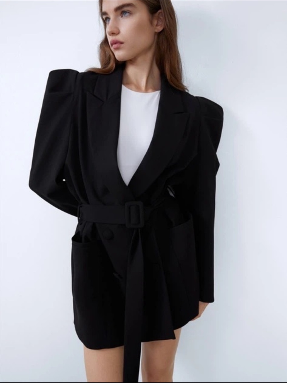 Zara Black Padded Shoulder Belted Blazer